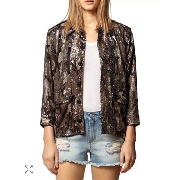 B45 Zadig & Voltaire Sequined Camou Jacket Women XS - Picture 3 of 12